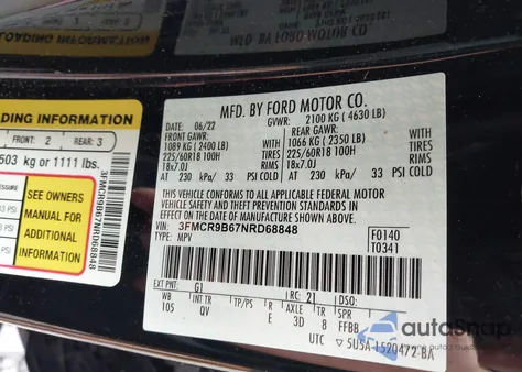 2022 Ford Bronco Sport Big Bend из США, поврежденный, VIN 3FMCR9B67NRD68848